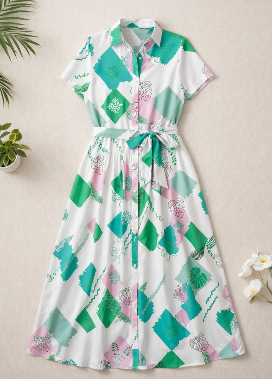 VESTIDO CAMISEIRO MIDI EM TONS DE VERDE E ROSA - ALIBY