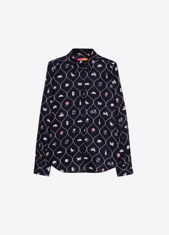 CAMISA AZUL MARINHO COM ESTAMPADO GEOMÉTRICO E VINTAGE - VILAGALLO