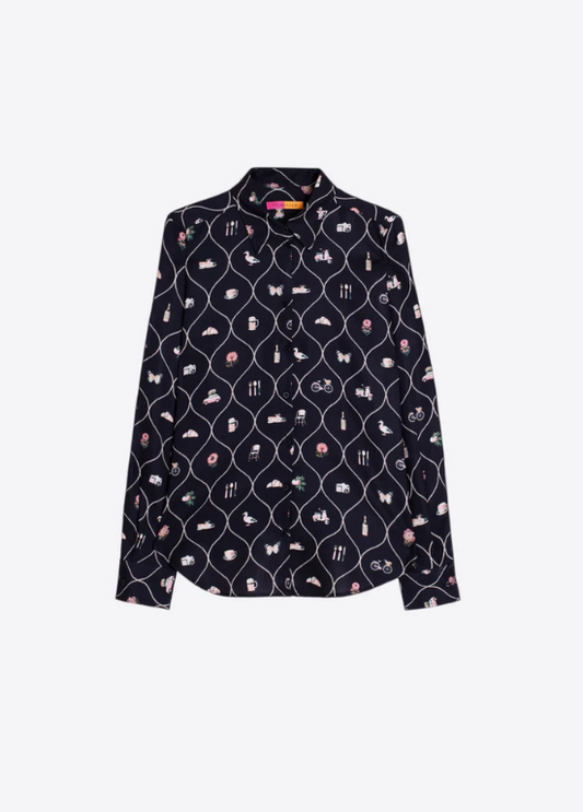 CAMISA AZUL MARINHO COM ESTAMPADO GEOMÉTRICO E VINTAGE - VILAGALLO