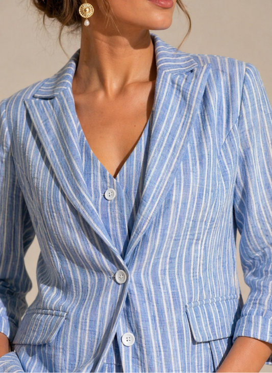 BLAZER EM ALGODÃO COM RISCA AZUL E BRANCA - ALIBY