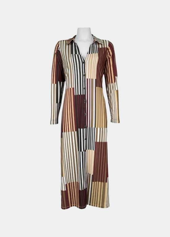 VESTIDO CAMISEIRO EM MALHA ELÁSTICA COM RISCAS OUTONAIS - ADET