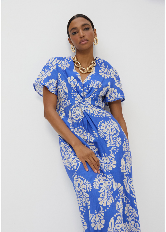 VESTIDO FLUIDO COM GOLA EM V E ESTAMPADO PAISLEY AZUL - LOLA CASADEMUNT