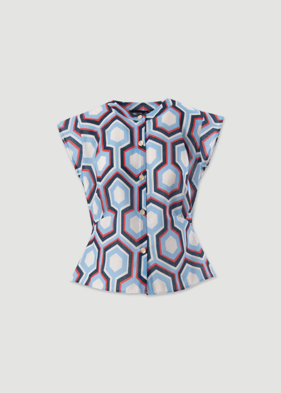 TÚNICA ESTAMPADA COM GEOMÉTRICO AZUL E VERMELHO - FERRACHE