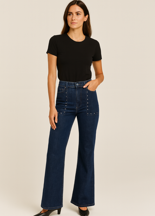 JEANS CINTURA SUBIDA COM BOLSOS COM TACHAS - ADET