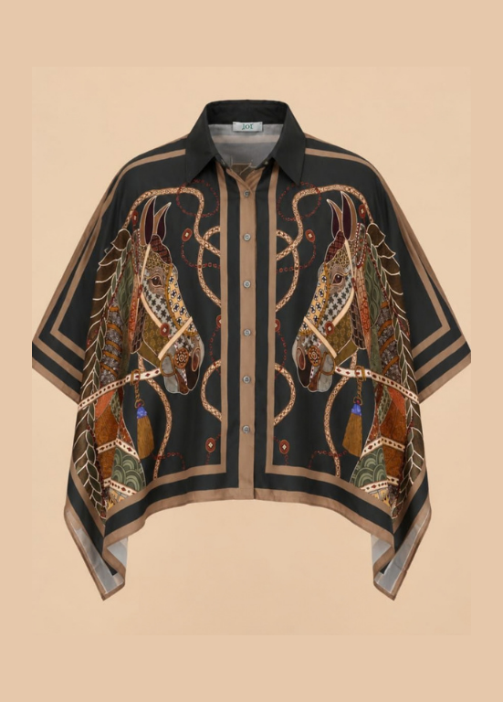 BLUSA TIPO CAPA EM VISCOSE COM CAVALOS - ALIBY