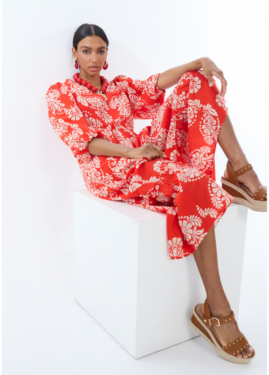 VESTIDO LONGO ESTAMPADO PAISLEY VERMELHO - LOLA CASADEMUNT