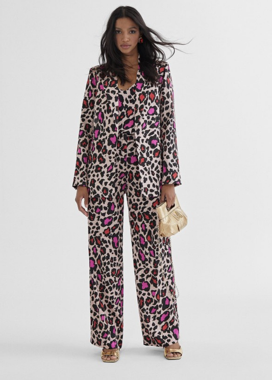CALÇA RETA EM TECIDO FLUIDO COM ANIMAL PRINT VERMELHO E FUCSIA - LOLA CASADEMUNT