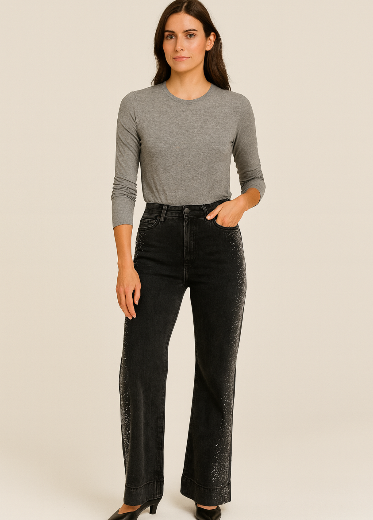 JEANS CINZA COM STRASS NA LATERAL - ADET