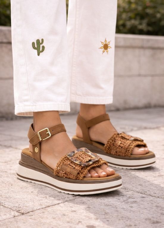SANDÁLIAS TIPO RÁFIA CAMEL COM APLICAÇÃO E SOLA WEDGE - XTI shoes