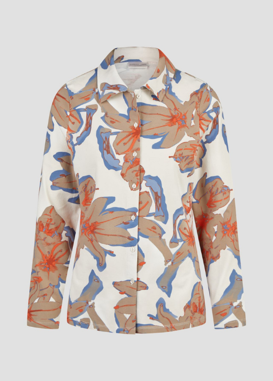 CAMISA EM MALHA DE ALGODÃO COM ESTAMPADO AZUL E LARANJA - BARBARA LEBEK