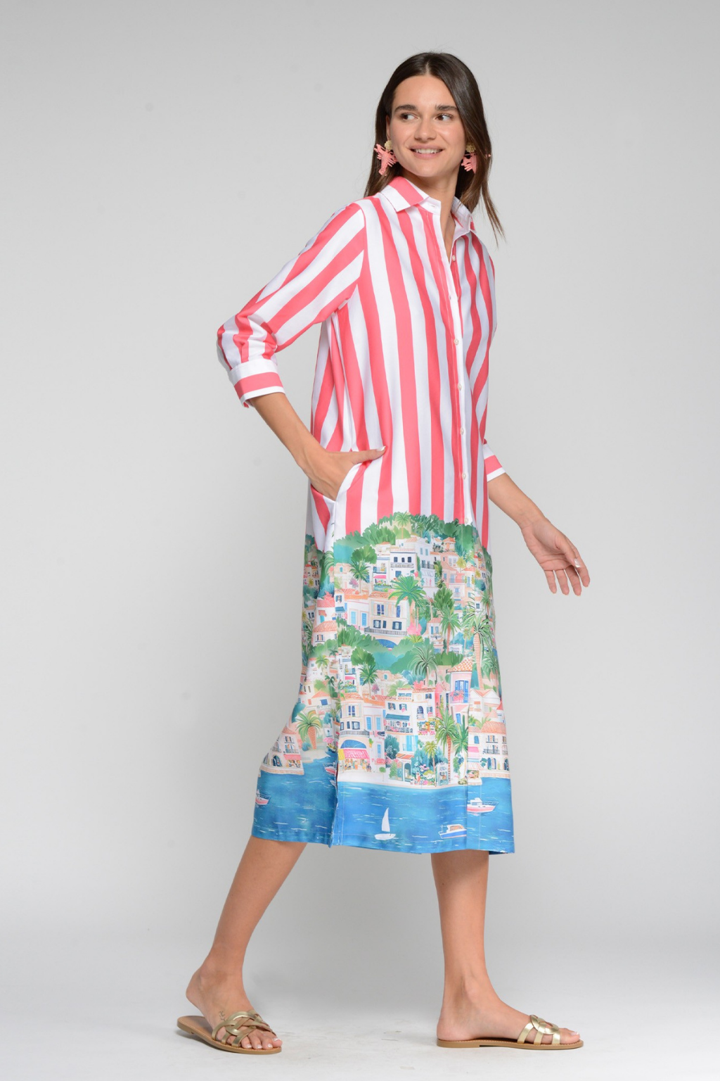 VESTIDO DE ALGODÃO MIDI COM RISCAIS E ESTAMPADO FÉRIAS - VILAGALLO