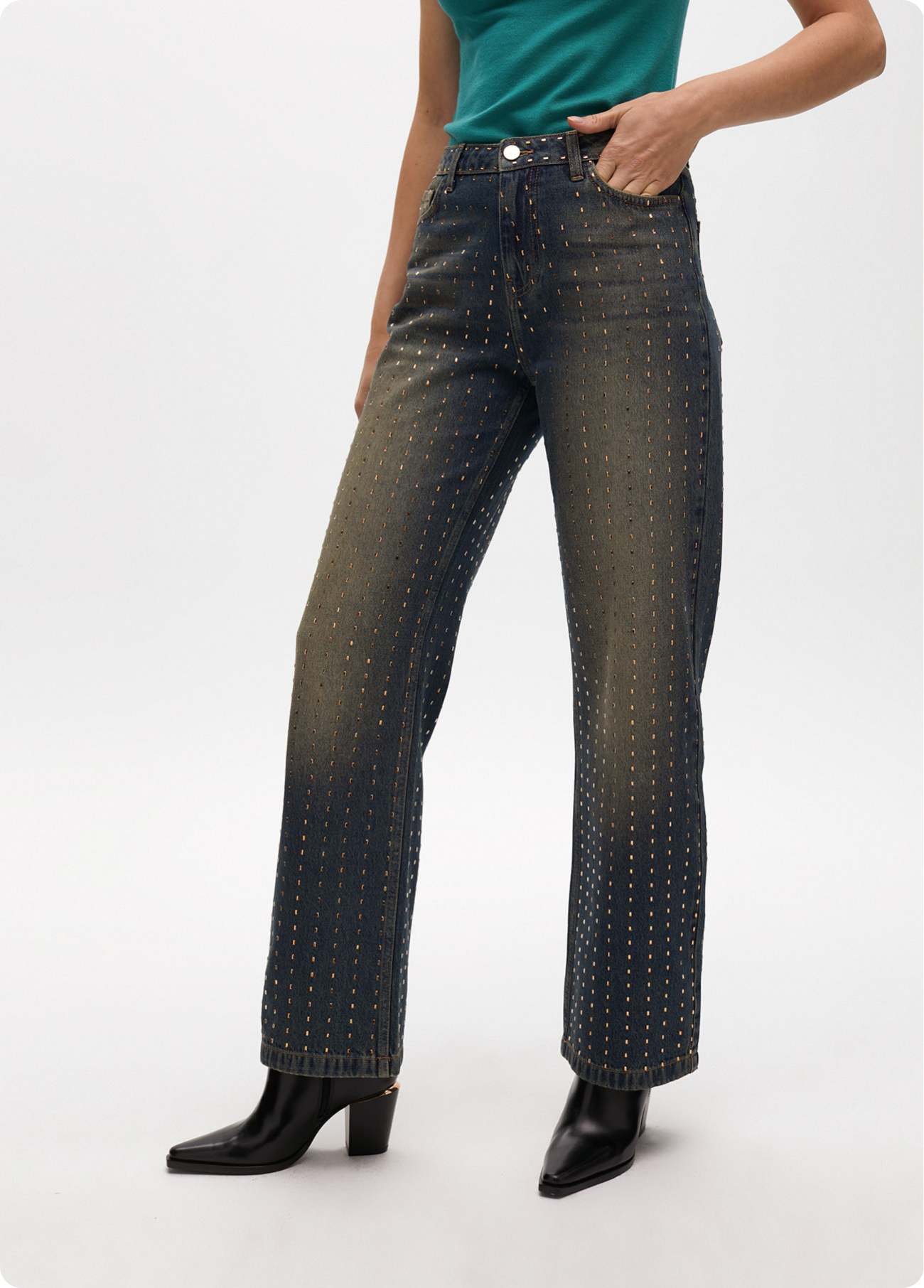 JEANS WIDELEG COM LAVAGEM DEGRADÊ COM BRILHANTES - LOLA CASADEMUNT