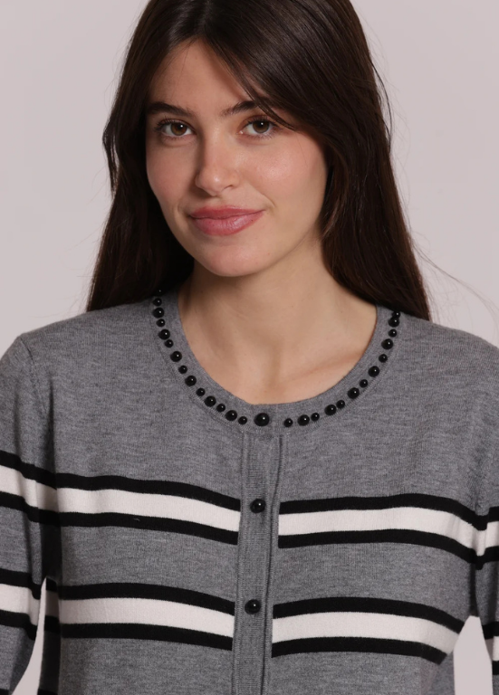CARDIGAN DE MALHA COM RISCAS E DETALHES DE PÉROLAS - MIMI MUA