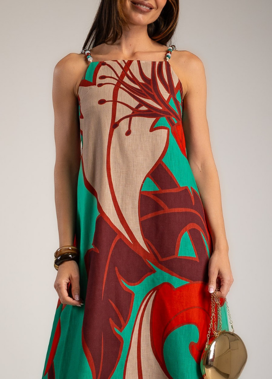 VESTIDO MIDI COM ESTAMPADO TROPICAL E ALÇAS DE MIÇANGAS - ALBANO'S