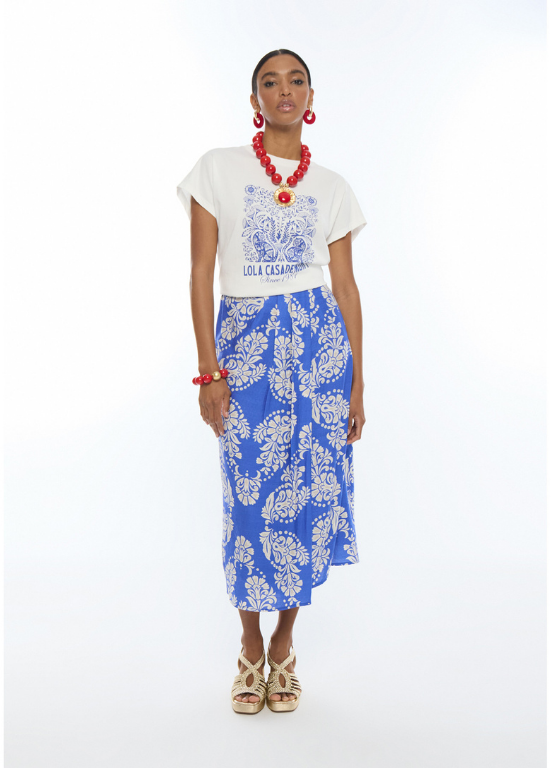 T-SHIRT BOHO EM ALGODÃO BRANCO COM ESTAMPADO AZUL - LOLA CASADEMUNT