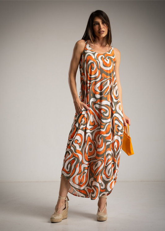 VESTIDO LONGO COM ESTAMPADO ABSTRATO - ALIBY