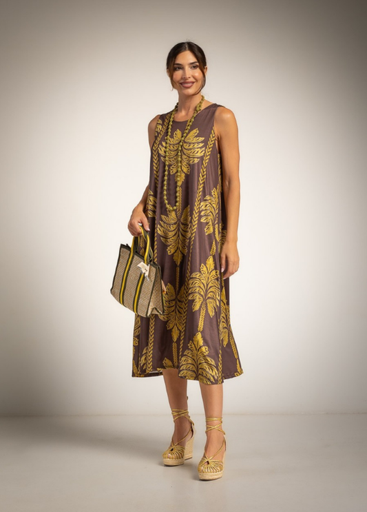 VESTIDO MIDI EM LYCRA SEM MANGAS ESTAMPADO TROPICAL - ALBANO'S