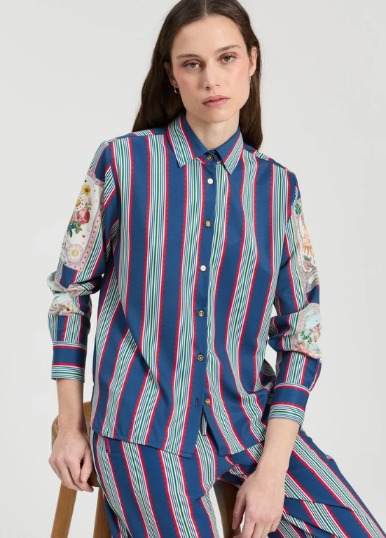 CAMISA BRANCA DE MANGA COMPRIDA DE RISCAS AZUL E BRANCO COM RODA GIGANTE - VILAGALLO