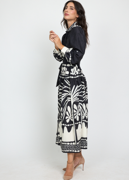 VESTIDO EM TECIDO FRESCO PRETO E BRANCO - ALIBY