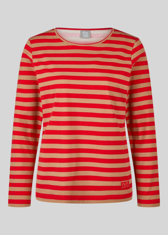 BLUSA LONGSLEEVE COM RISCAS HORIZONTAIS EM CAMEL E VERMELHO - RABE