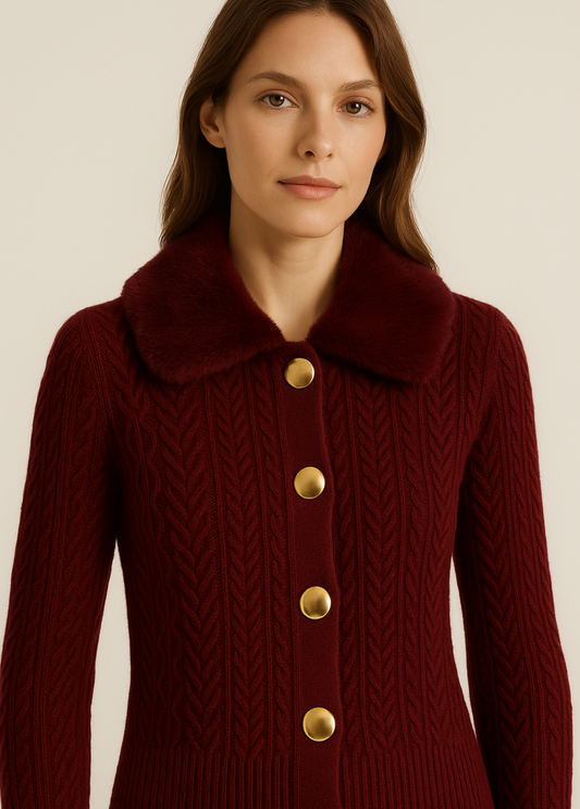 CASACO DE MALHA COM GOLA DE PÊLO SINTÉTICO - ALIBY