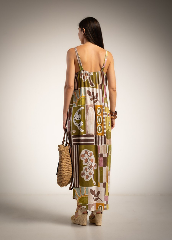 VESTIDO MAXI COM ESTAMPADO RETRO GEOMÉTRICO E FLORAL - ALBANO'S