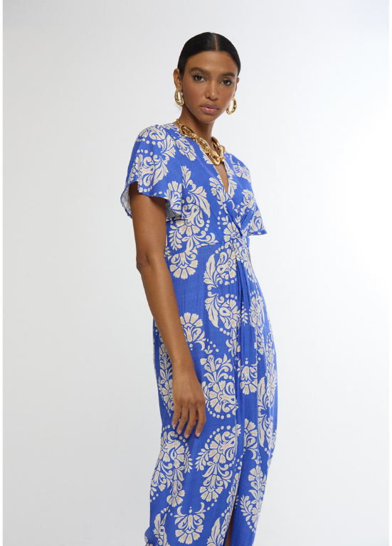 VESTIDO FLUIDO COM GOLA EM V E ESTAMPADO PAISLEY AZUL - LOLA CASADEMUNT