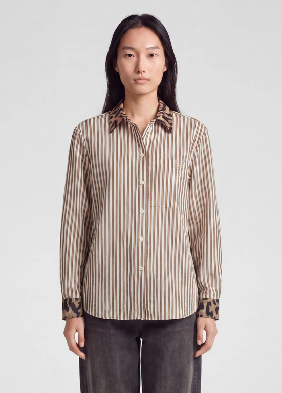 BLUSA DE VISCOSE LISTRADA EM BEGE COM RETALHOS - RABE