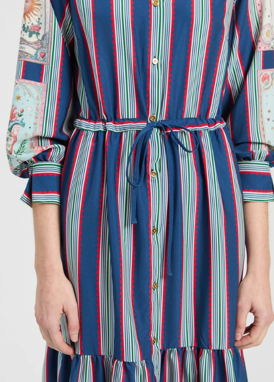 VESTIDO COMPRIDO DE RISCA AZUL E BRANCA E ILUSTRAÇÕES - VILAGALLO
