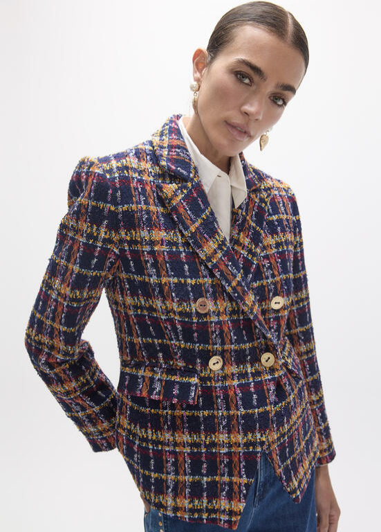 BLAZER EM TWEED AZUL ESCURO COM BOTÕES DOURADOS E CORTE ASSERTOADO - LOLA CASADEMUNT