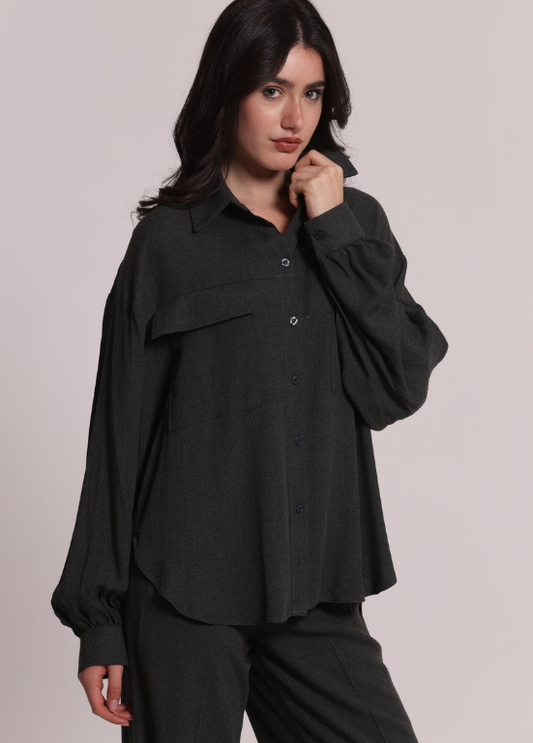 CAMISA DE VISCOSE CINZA COM BOSLOS DE FLANELA - MIMI-MUA