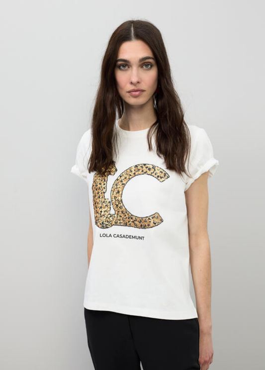 T-SHIRT COM LC EM LANTEJOULAS DOURADAS - LOLA CASADEMUNT