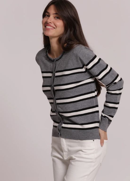 CARDIGAN DE MALHA COM RISCAS E DETALHES DE PÉROLAS - MIMI MUA