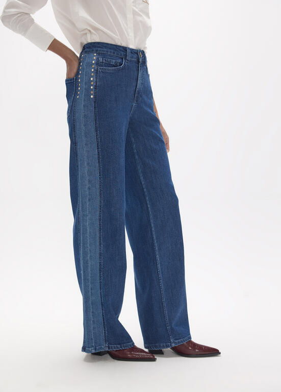 JEANS DIREITOS COM CONTRASTE BICOLOR E TACHAS LC - LOLA CASADEMUNT