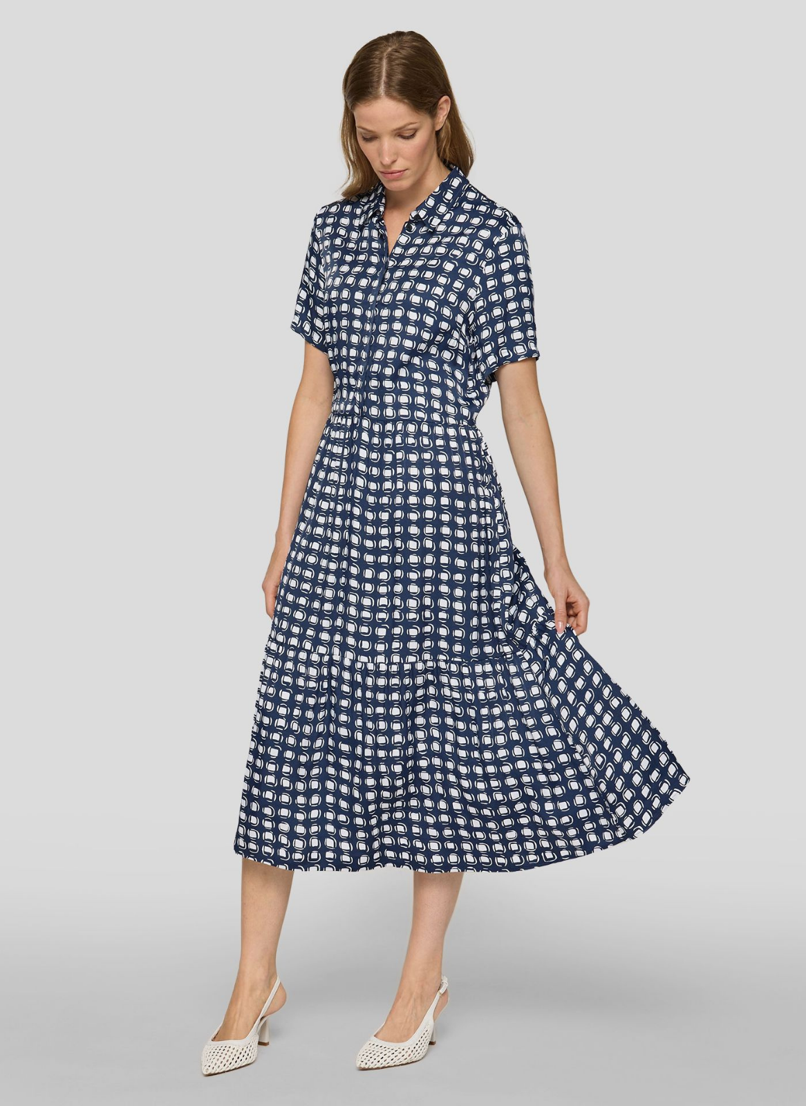 VESTIDO EM VISCOSE COM ESTAMPADO ELEGANTE AZUL MARINHO - RABE