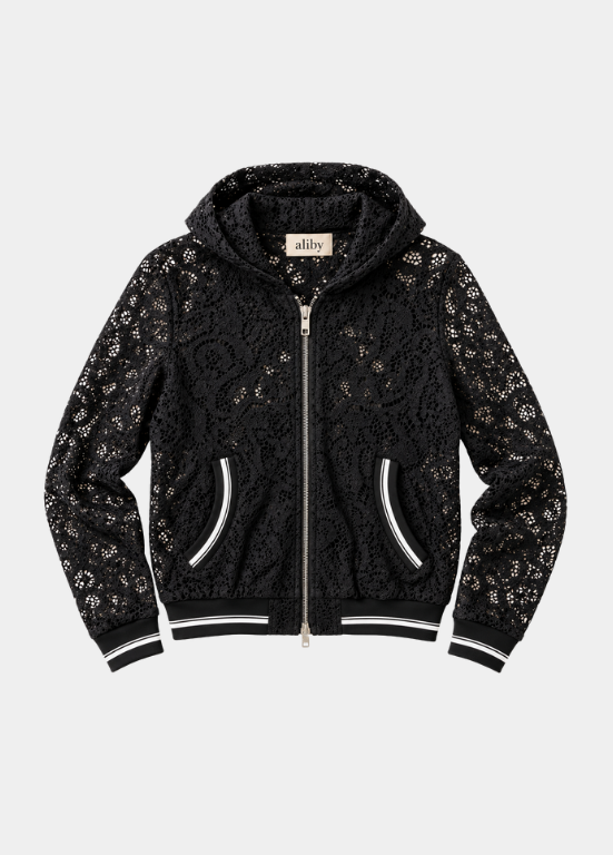 BOMBER PRETO DE RENDA COM CAPUZ, FECHO E BOLSOS - ALIBY