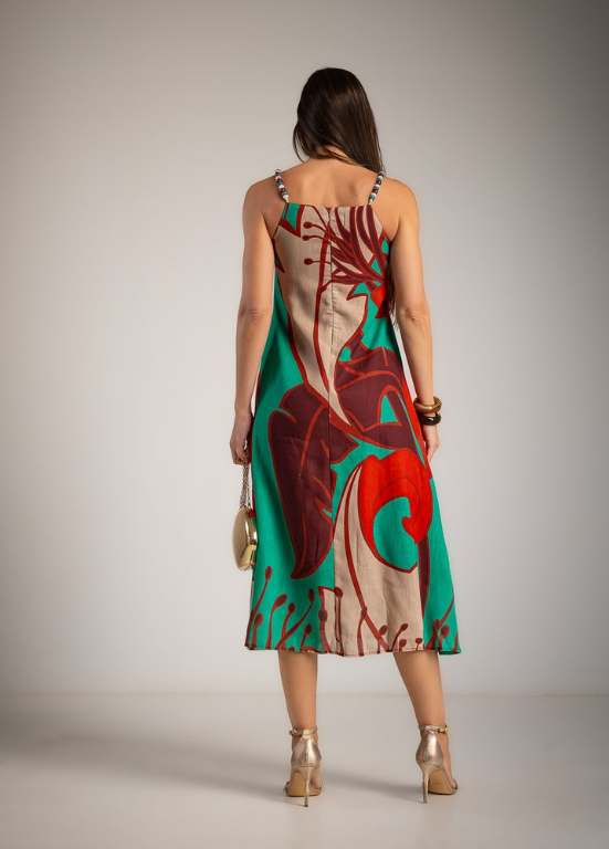 VESTIDO MIDI COM ESTAMPADO TROPICAL E ALÇAS DE MIÇANGAS - ALBANO'S