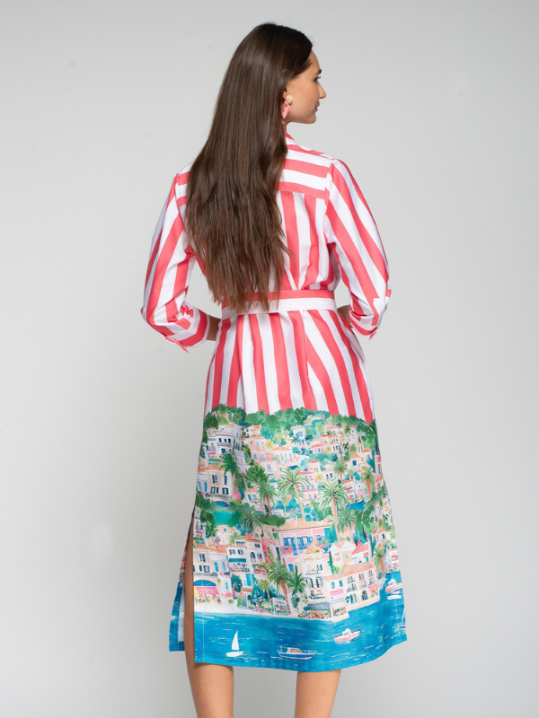 VESTIDO DE ALGODÃO MIDI COM RISCAIS E ESTAMPADO FÉRIAS - VILAGALLO