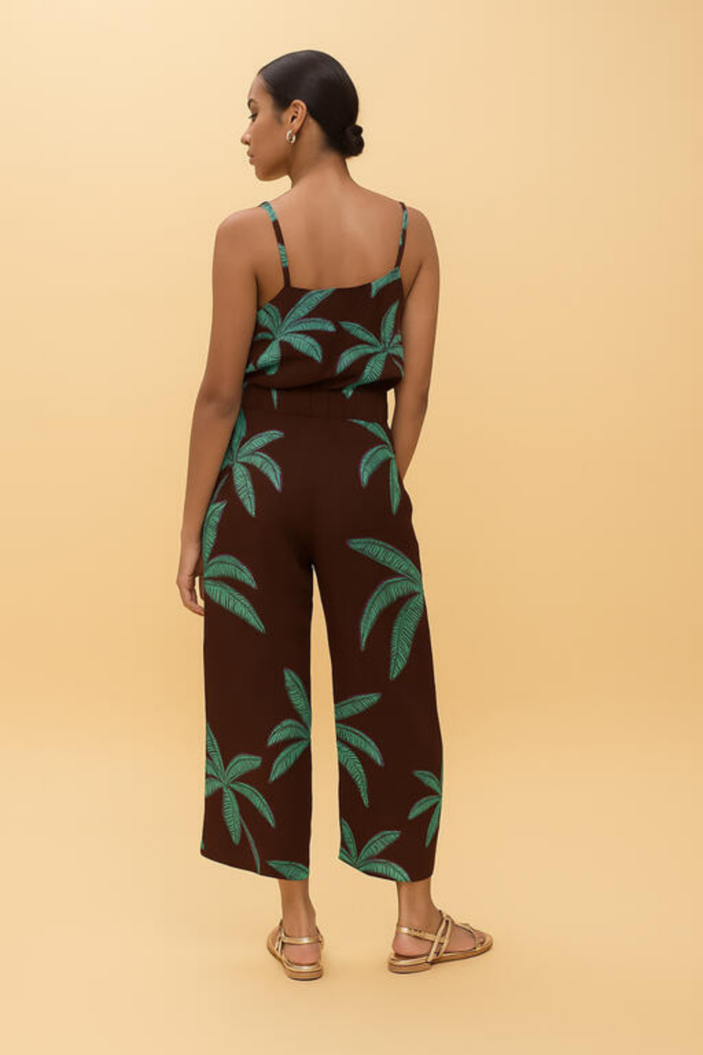 TOP CASTANHO EM TECIDO FRESCO E ESTAMPADO DE PALMEIRAS - LOLA CASADEMUNT