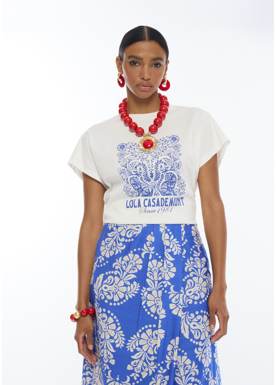 T-SHIRT BOHO EM ALGODÃO BRANCO COM ESTAMPADO AZUL - LOLA CASADEMUNT
