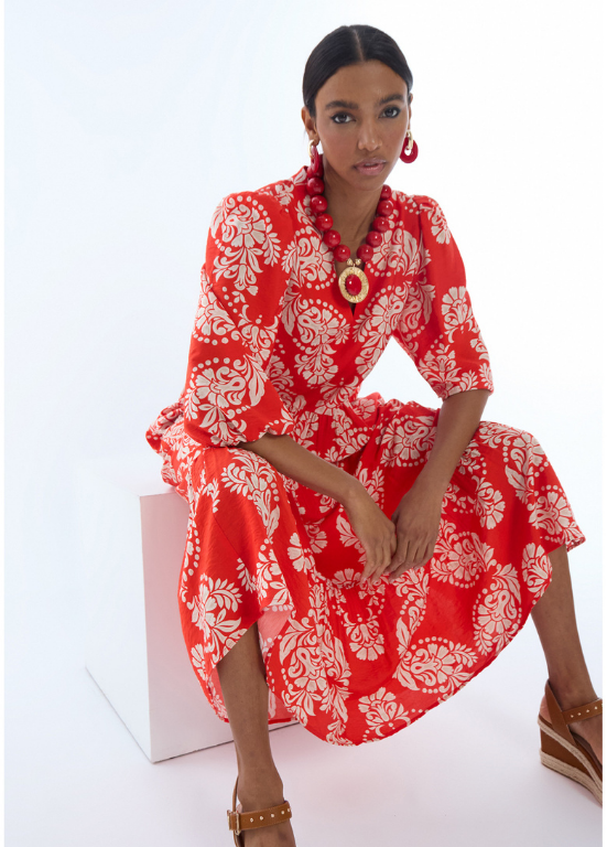 VESTIDO LONGO ESTAMPADO PAISLEY VERMELHO - LOLA CASADEMUNT
