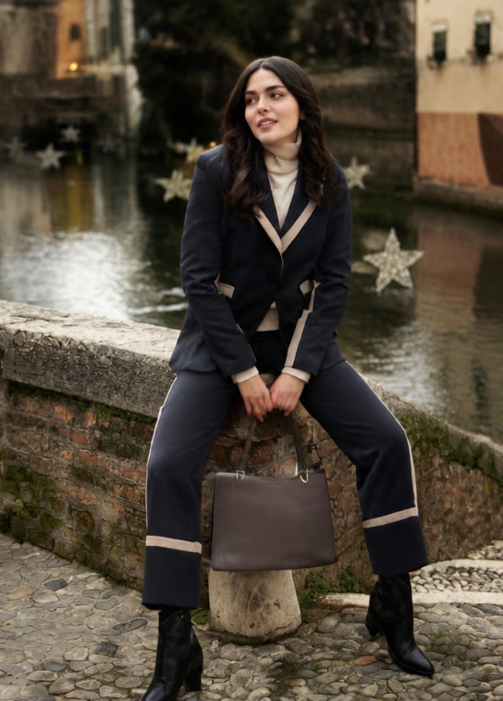 BLAZER LONGO PRETO DE TÉCNICO COM CONTRASTE BEGE - MIMI MUA