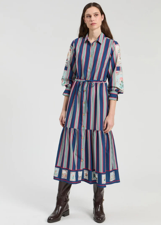 VESTIDO COMPRIDO DE RISCA AZUL E BRANCA E ILUSTRAÇÕES - VILAGALLO