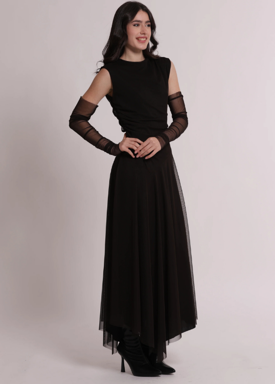 VESTIDO FLUIDO COM TULE SEMI TRANSPARENTE, FORRO E MANGAS OPCIONAIS - MIMI MUA