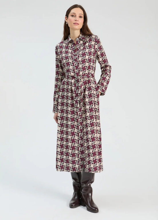 VESTIDO MIDI COM ESTAMPADO MARINHO E BORDEAUX - VILAGALLO