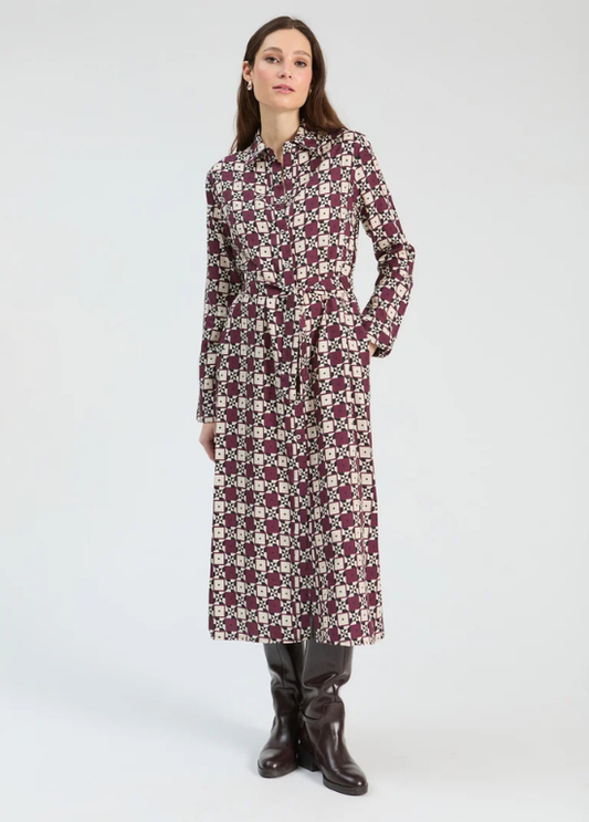 VESTIDO MIDI COM ESTAMPADO MARINHO E BORDEAUX - VILAGALLO