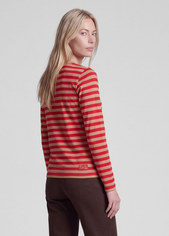 BLUSA LONGSLEEVE COM RISCAS HORIZONTAIS EM CAMEL E VERMELHO - RABE