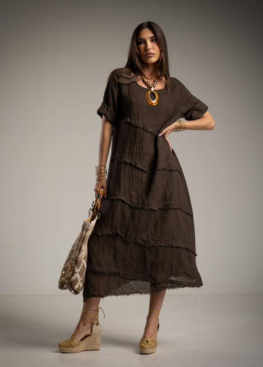 VESTIDO EM LINHO COM DESFIADOS - ALIBY