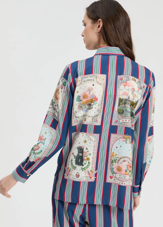 CAMISA BRANCA DE MANGA COMPRIDA DE RISCAS AZUL E BRANCO COM RODA GIGANTE - VILAGALLO