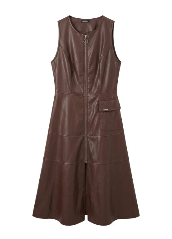 VESTIDO CASTANHO EM PELE SINTÉTICA - FOURSOUL